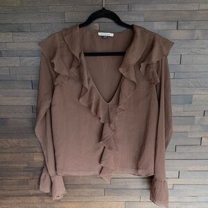 American Eagle Brown Ruffled V-Neck Blouse